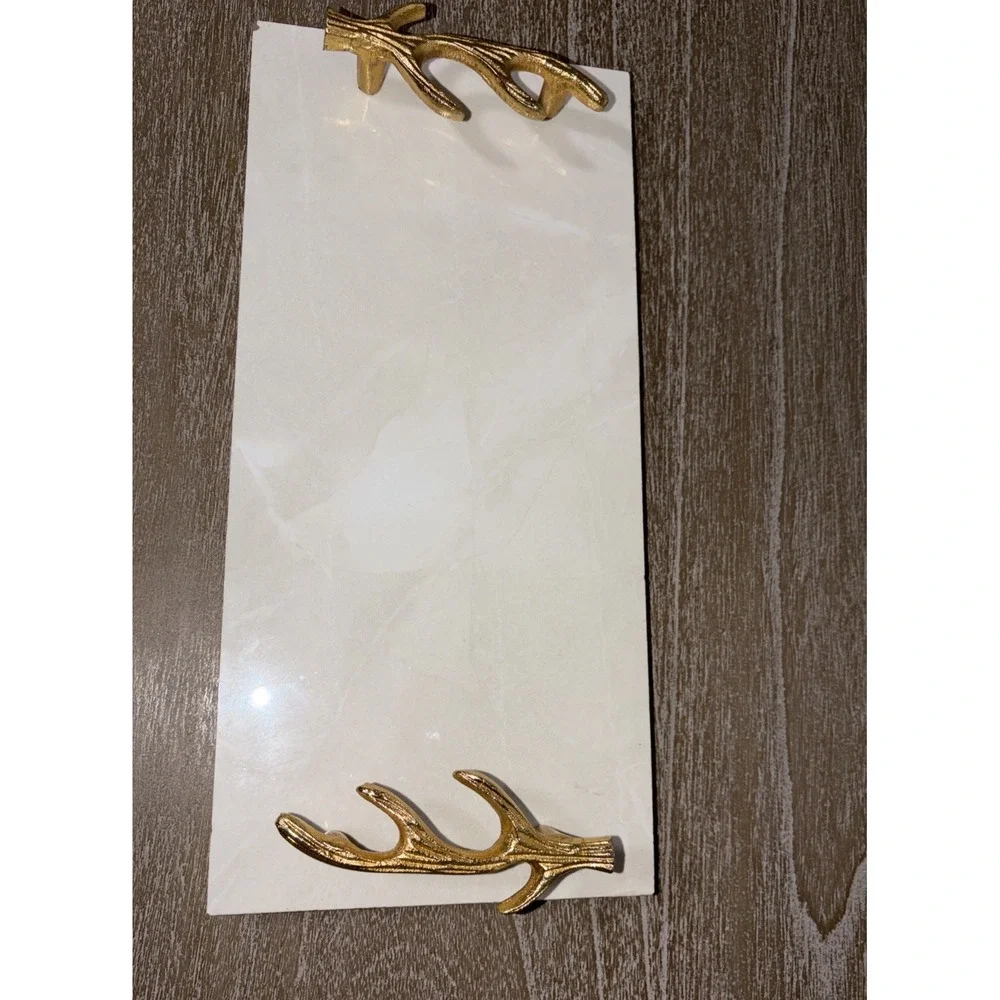 Indian White Marble Serving Tray with Gold Finish Metal Handle DECORATIVE 14x7‎